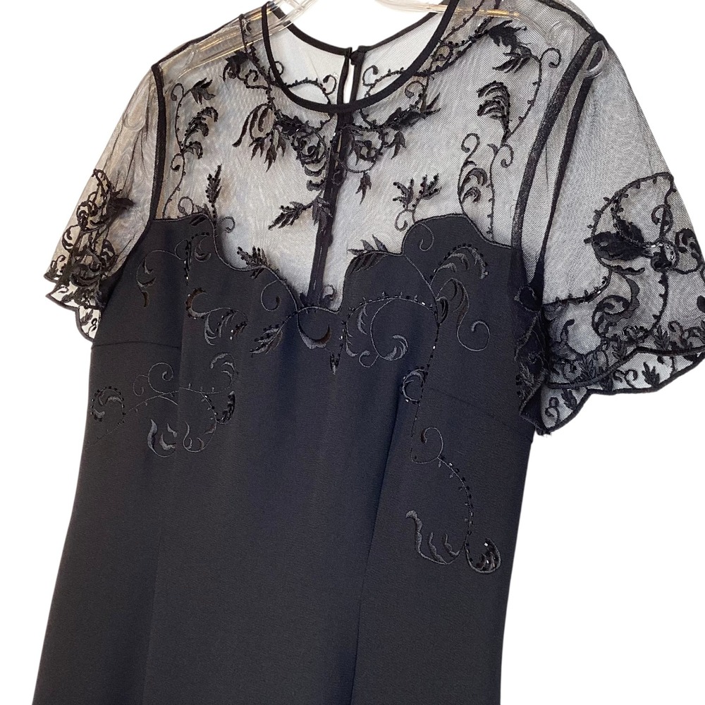 Alice + Olivia Black Embroidered Mesh Yoke Sheath Cocktail Dress Large Glam NEW - Picture 3 of 7